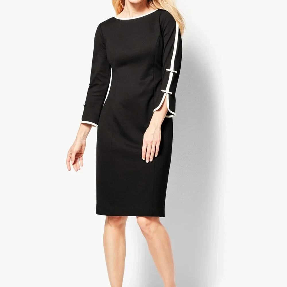 Talbots Bow-Sleeve Refined Ponte Sheath Dress Black/Ivory 6P Career Business